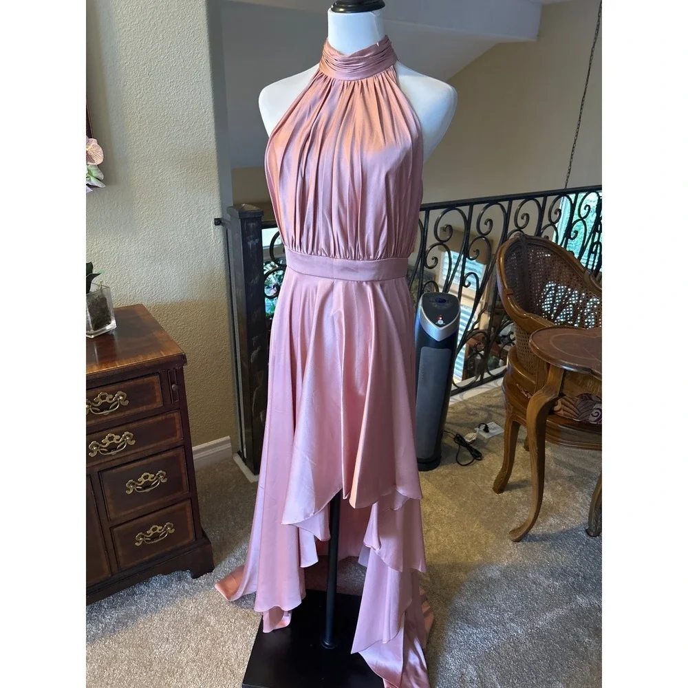 Mac Duggal 49664 Ieena Rose‎ Pink Satin High Low Halter Evening Gown Dress 0